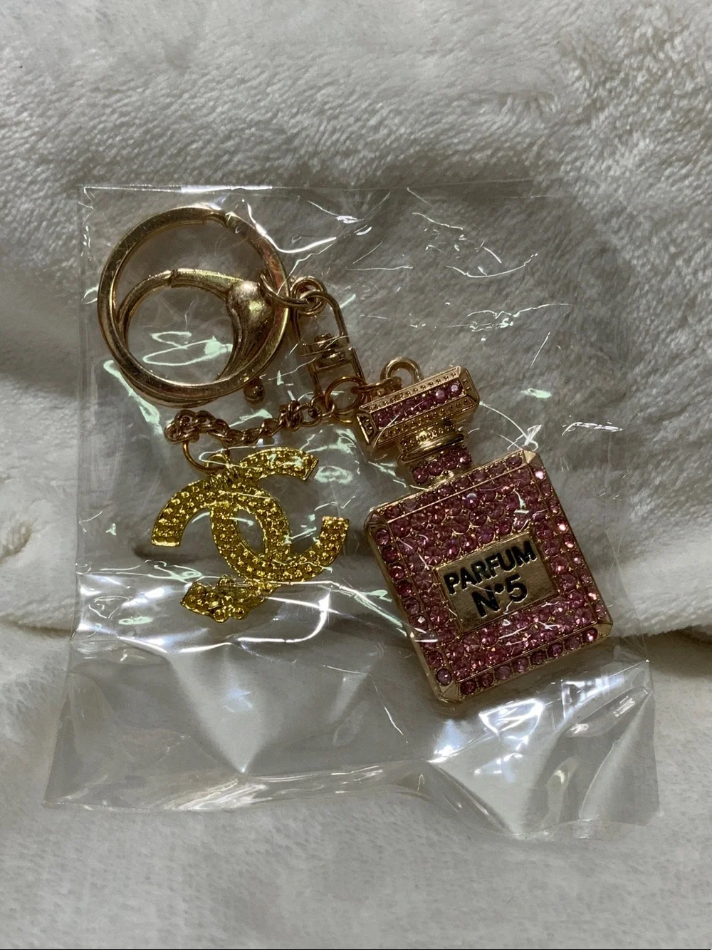 Gold-Tone Pink Crystal Perfume Bottle Keychain with Interlocking Logo Charm